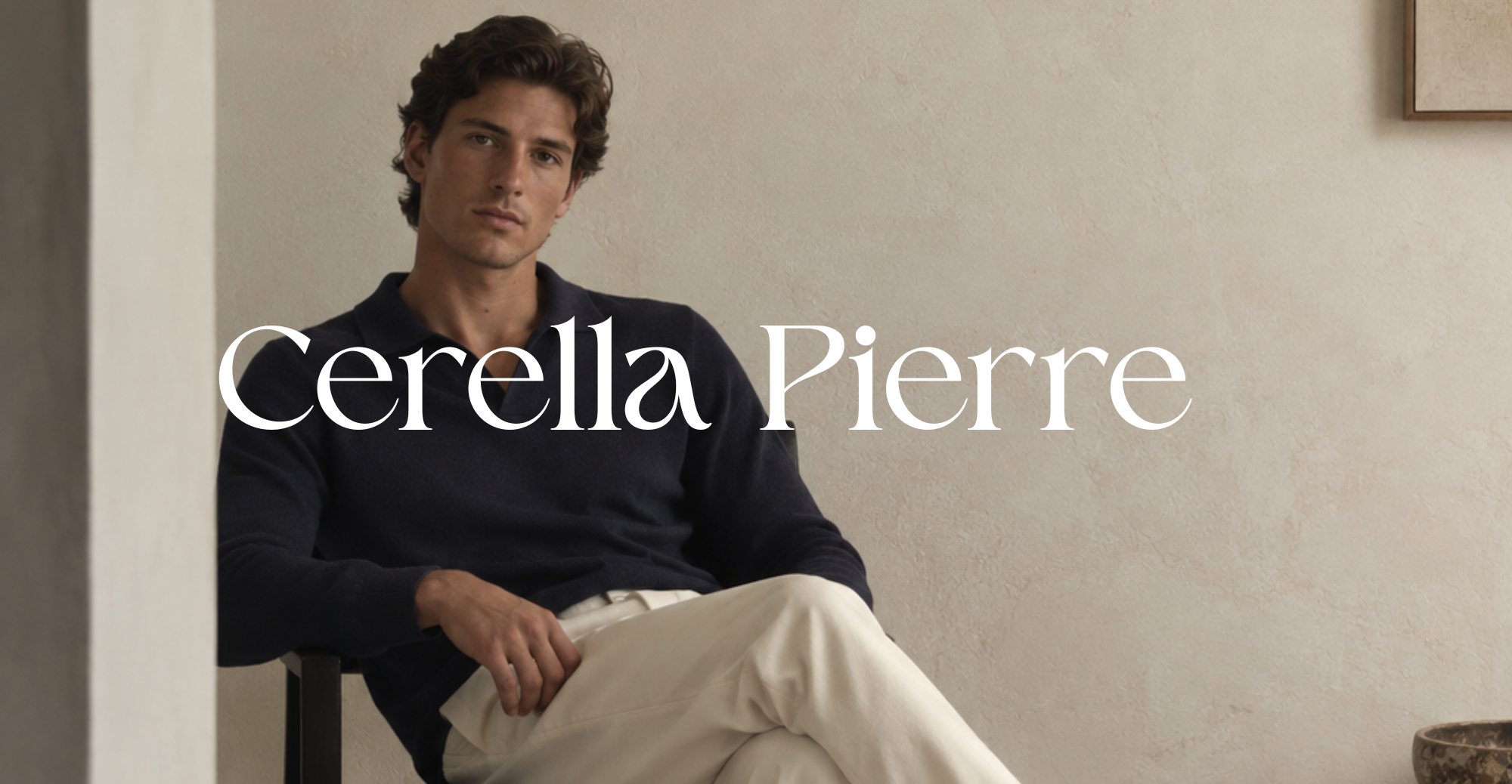 Cerella Pierre — model wearing a navy knit polo