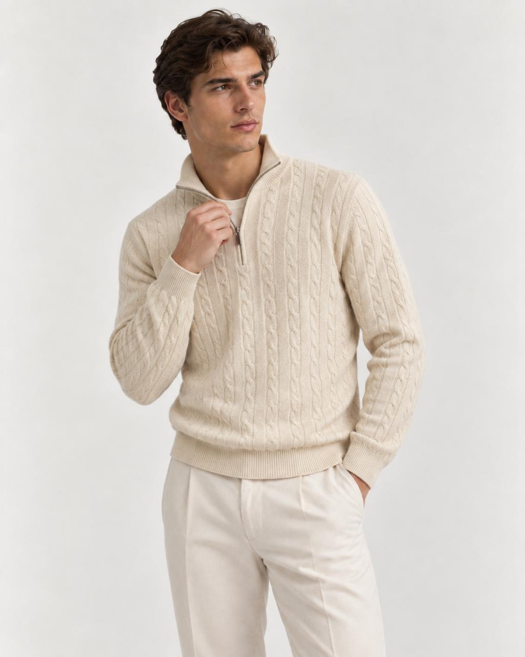 Cable Knit Quarter Zip styled on a model